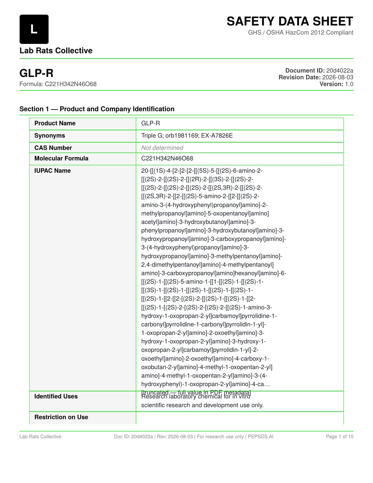 GLP-R 10mg Safety Data Sheet