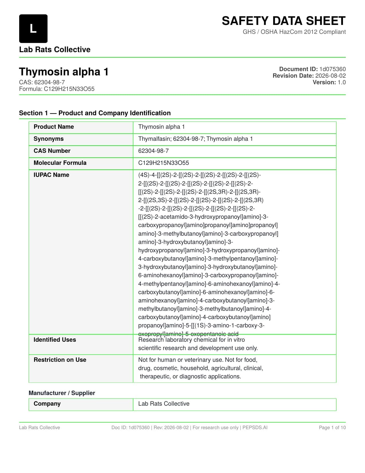 Thymosin Alpha-1 10mg Safety Data Sheet