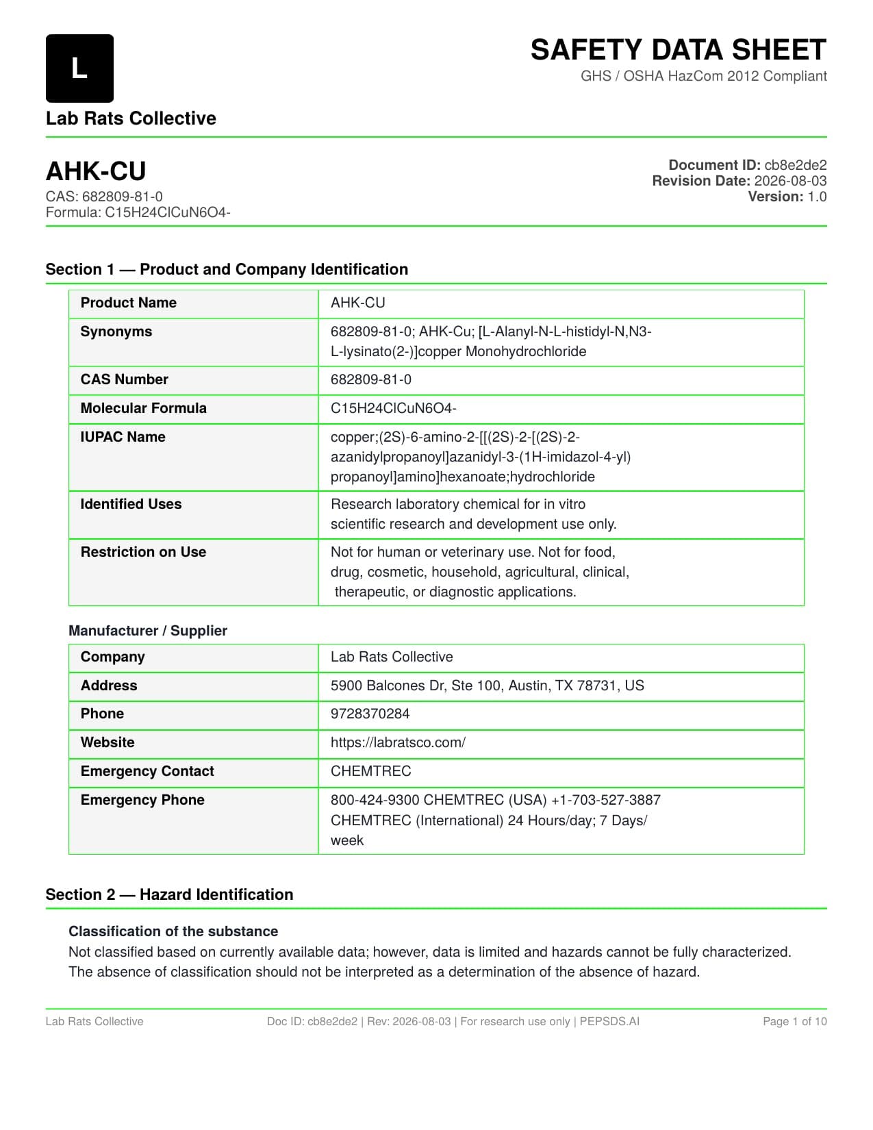 AHK-CU 100mg SDS