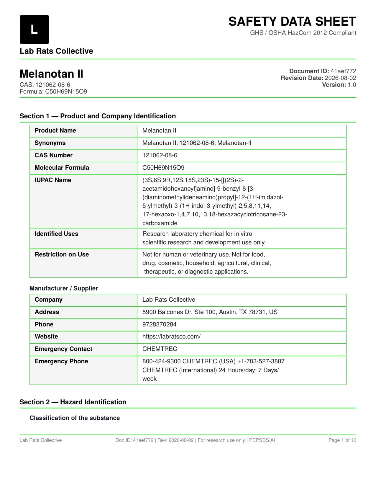 MT-2 10mg Safety Data Sheet