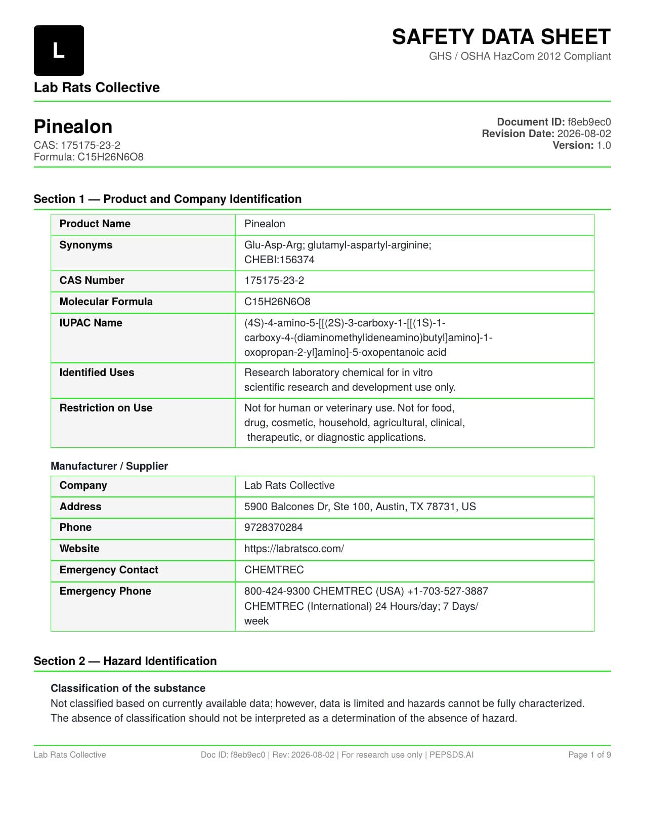 Pinealon 20mg SDS